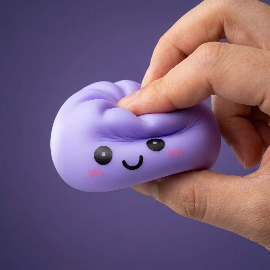 Purple Glow Dumpling Squishy Night Light being squeezed, soft slow-rise foam
