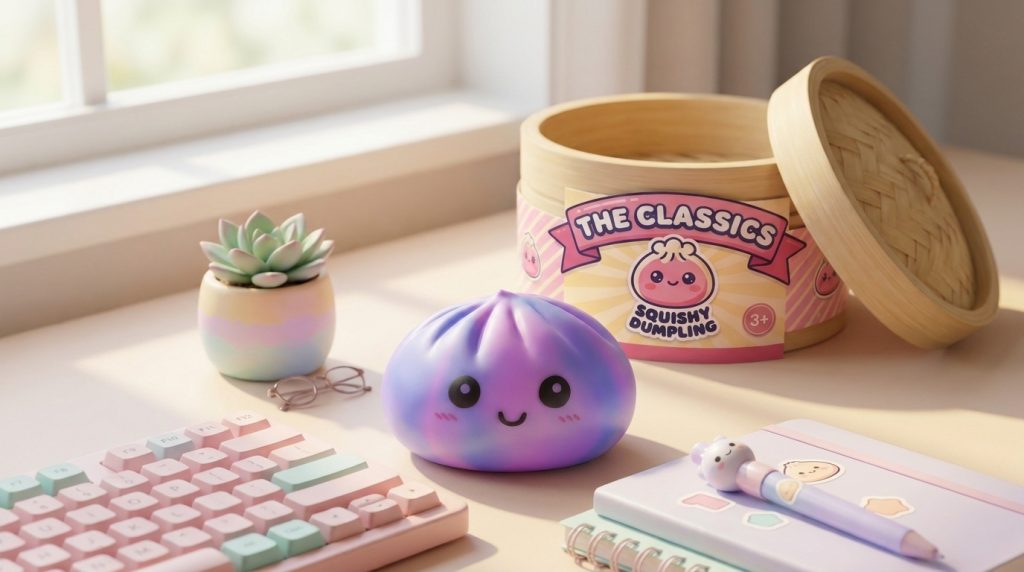 Violet Tie-Dye Dumpling Squishy in its kawaii setting