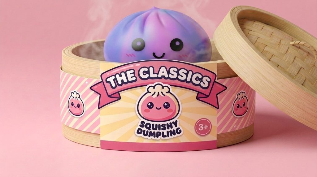 Violet Tie-Dye Dumpling Squishy in its bamboo steamer box