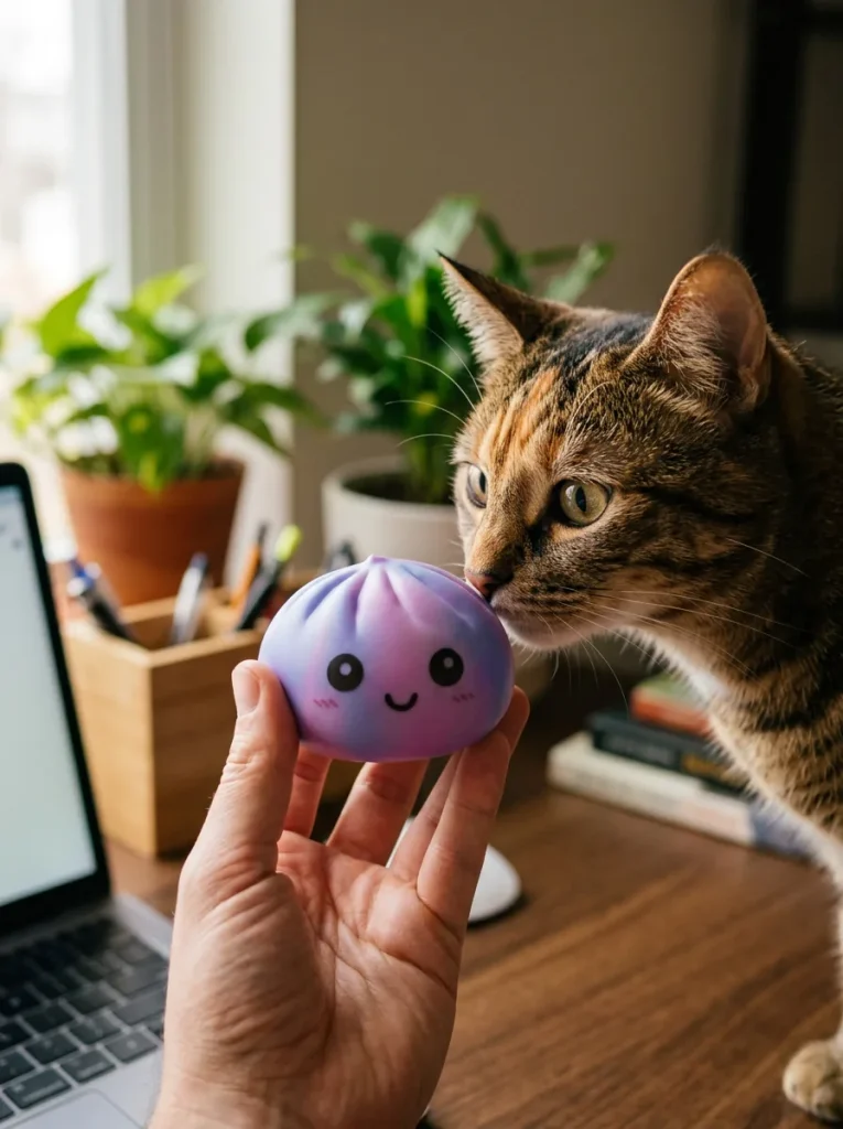 Violet Tie-Dye Dumpling Squishy with a plush friend