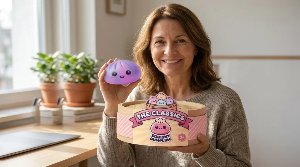 Violet Tie-Dye Dumpling Squishy with its box