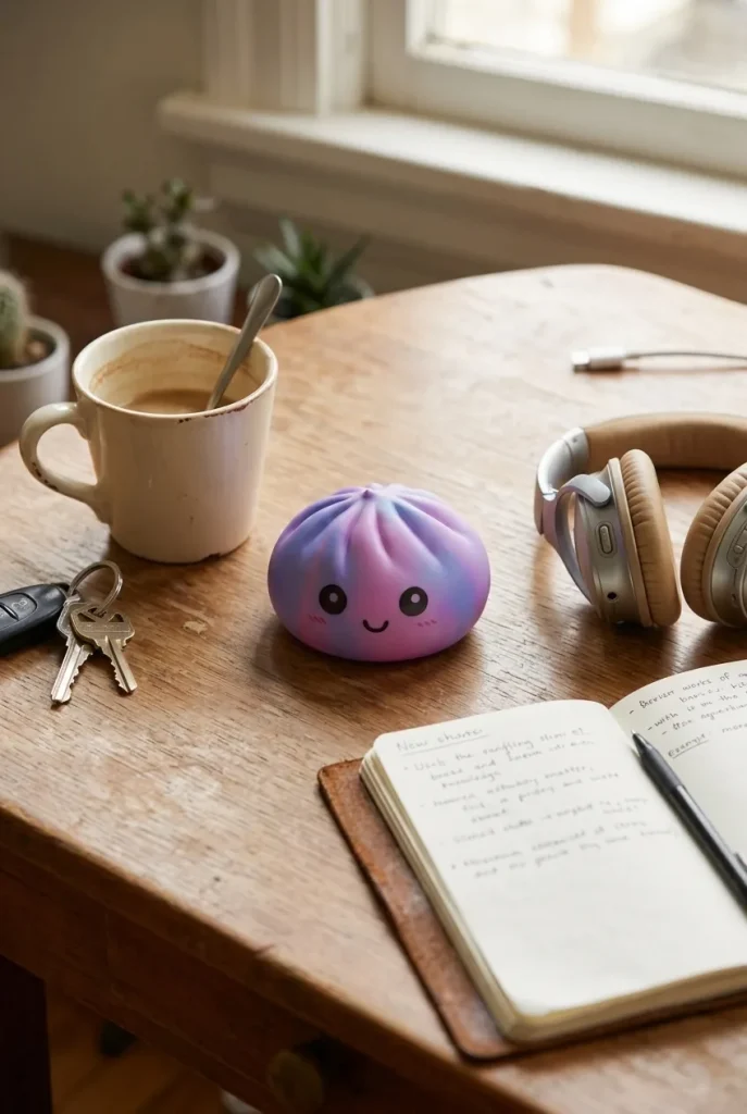 Violet Tie-Dye Dumpling Squishy on the desk