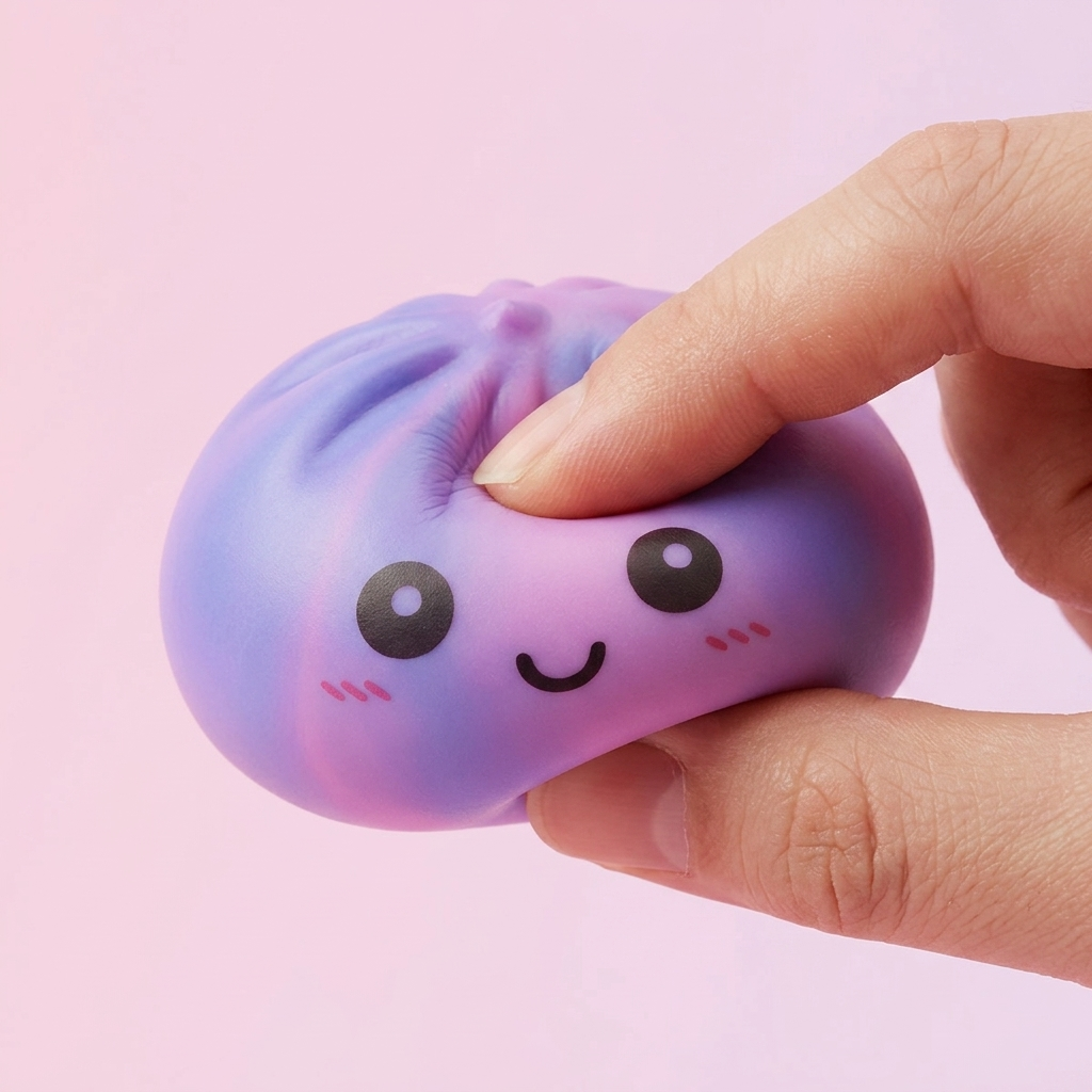 Violet Tie-Dye Dumpling Squishy being squeezed, soft slow-rise foam