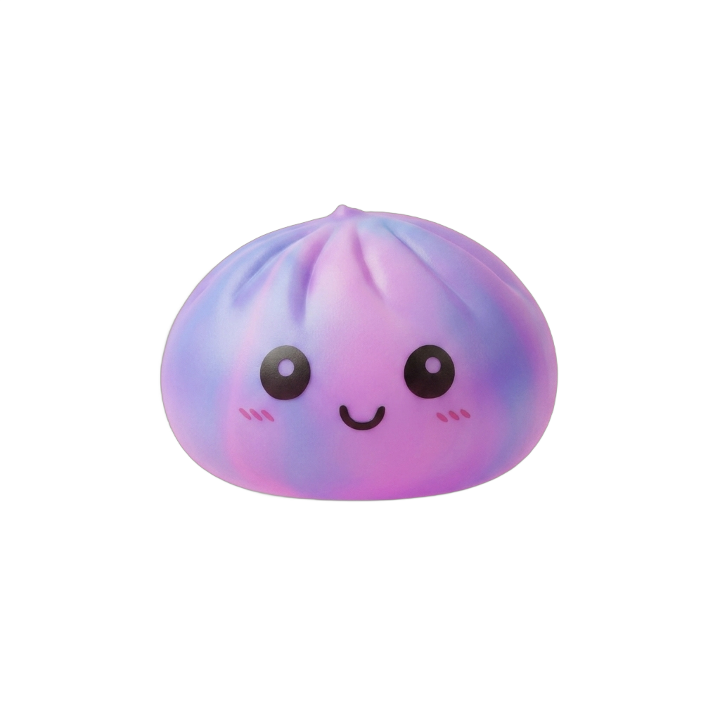 Violet Tie-Dye Dumpling Squishy being squeezed, soft slow-rise foam