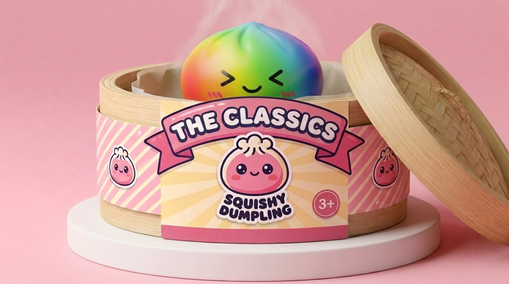 Rainbow Dumpling Squishy Kawaii in its bamboo steamer box