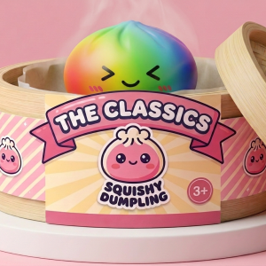 Rainbow Dumpling Squishy Kawaii in its bamboo steamer box