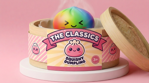 Rainbow Dumpling Squishy Kawaii in its bamboo steamer box