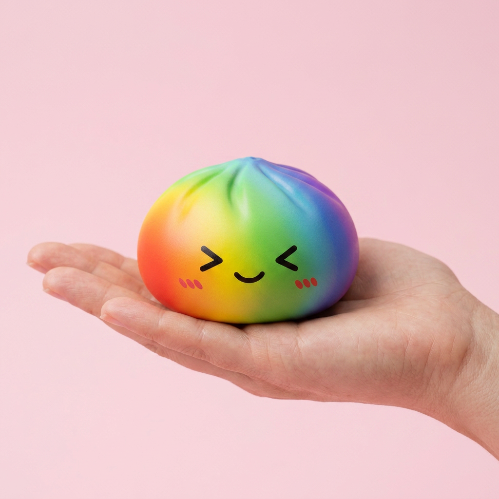 Rainbow Dumpling Squishy Kawaii held in hand, actual size