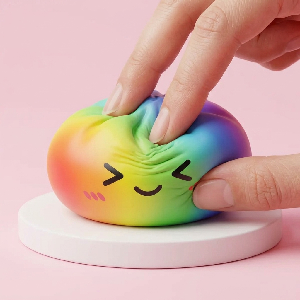 Rainbow Dumpling Squishy Kawaii being squeezed, soft slow-rise foam