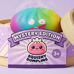 Rainbow Mystery Dumplings Squishy in its bamboo steamer box