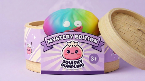 Rainbow Mystery Dumplings Squishy in its bamboo steamer box