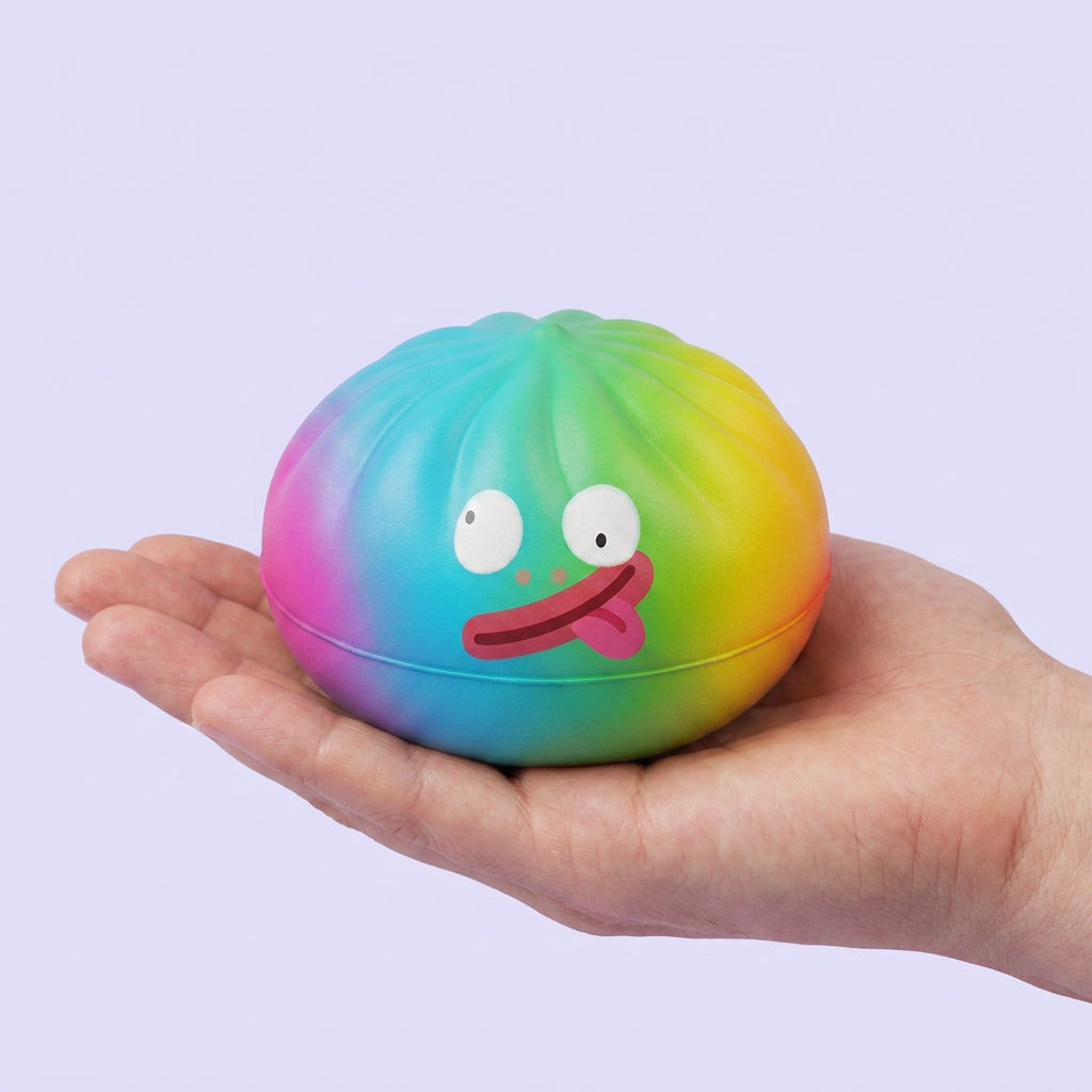 Rainbow Mystery Dumplings Squishy held in hand, actual size
