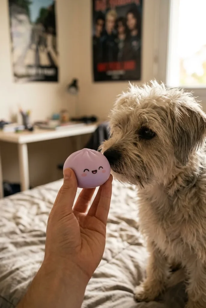 Rainbow Mystery Dumplings Squishy with a plush friend