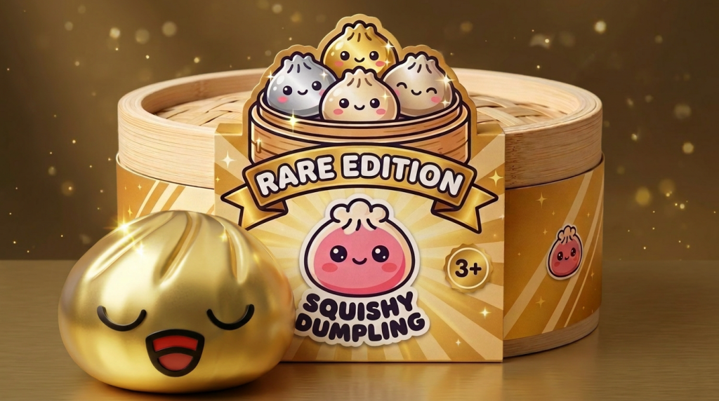 Rare Gold Treasure Dumpling Squishy in its kawaii setting