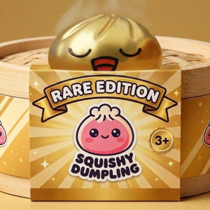 Rare Gold Treasure Dumpling Squishy in its bamboo steamer box
