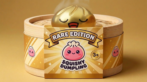 Rare Gold Treasure Dumpling Squishy in its bamboo steamer box