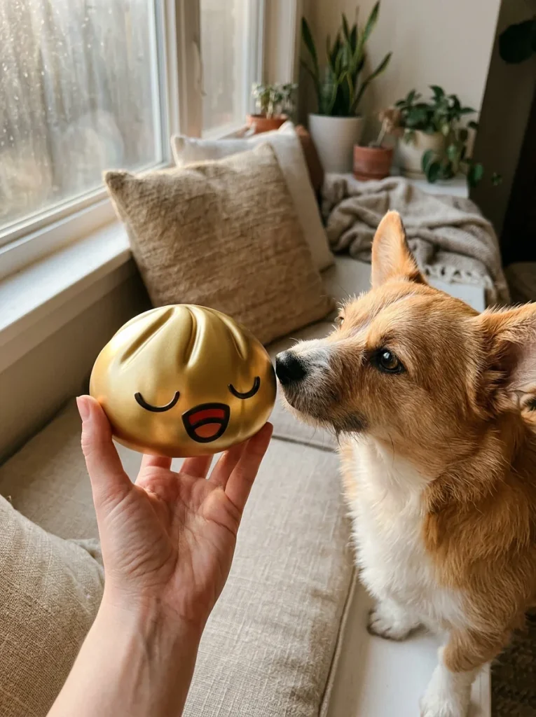 Rare Gold Treasure Dumpling Squishy with a plush friend