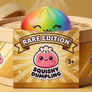 Rare Rainbow Dumpling Squishy in its bamboo steamer box