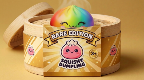 Rare Rainbow Dumpling Squishy in its bamboo steamer box