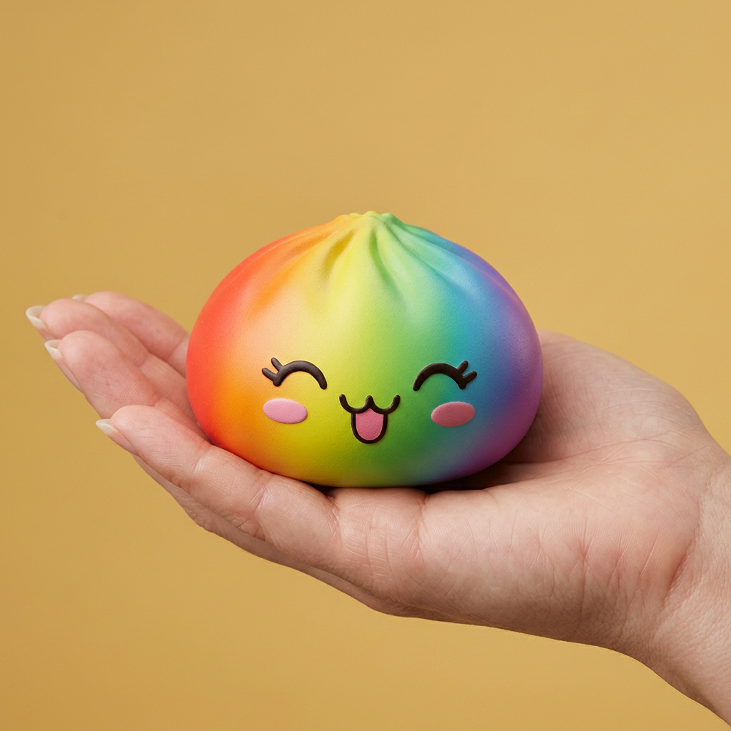 Rare Rainbow Dumpling Squishy held in hand, actual size