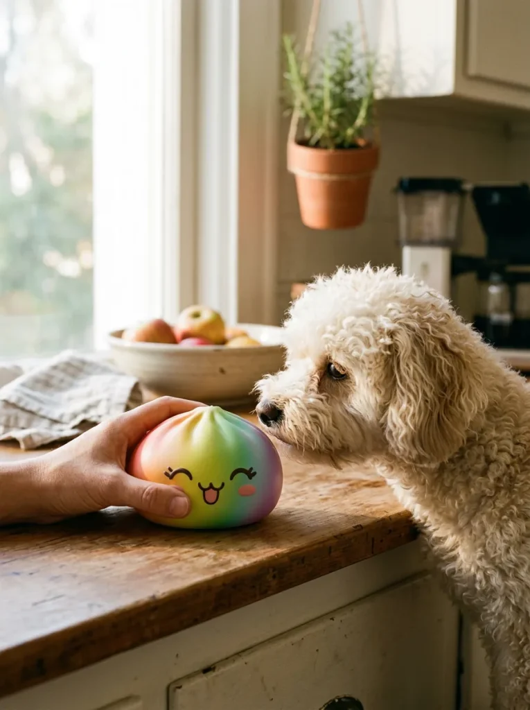 Rare Rainbow Dumpling Squishy with a plush friend
