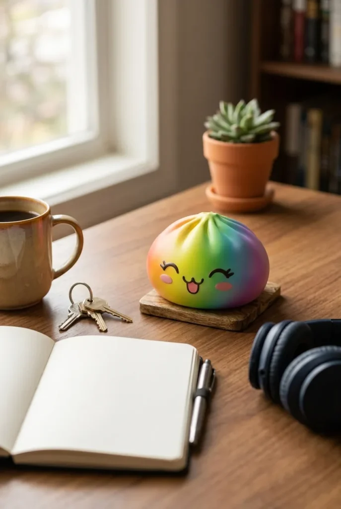 Rare Rainbow Dumpling Squishy on the desk