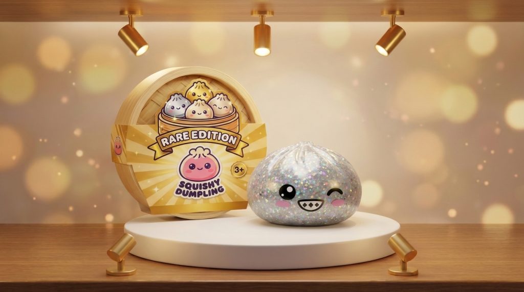 Rare Silver Glitter Dumpling Squishy in its kawaii setting