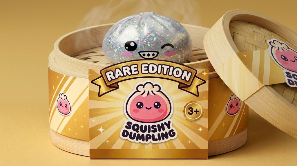 Rare Silver Glitter Dumpling Squishy in its bamboo steamer box
