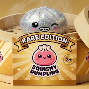 Rare Silver Glitter Dumpling Squishy in its bamboo steamer box