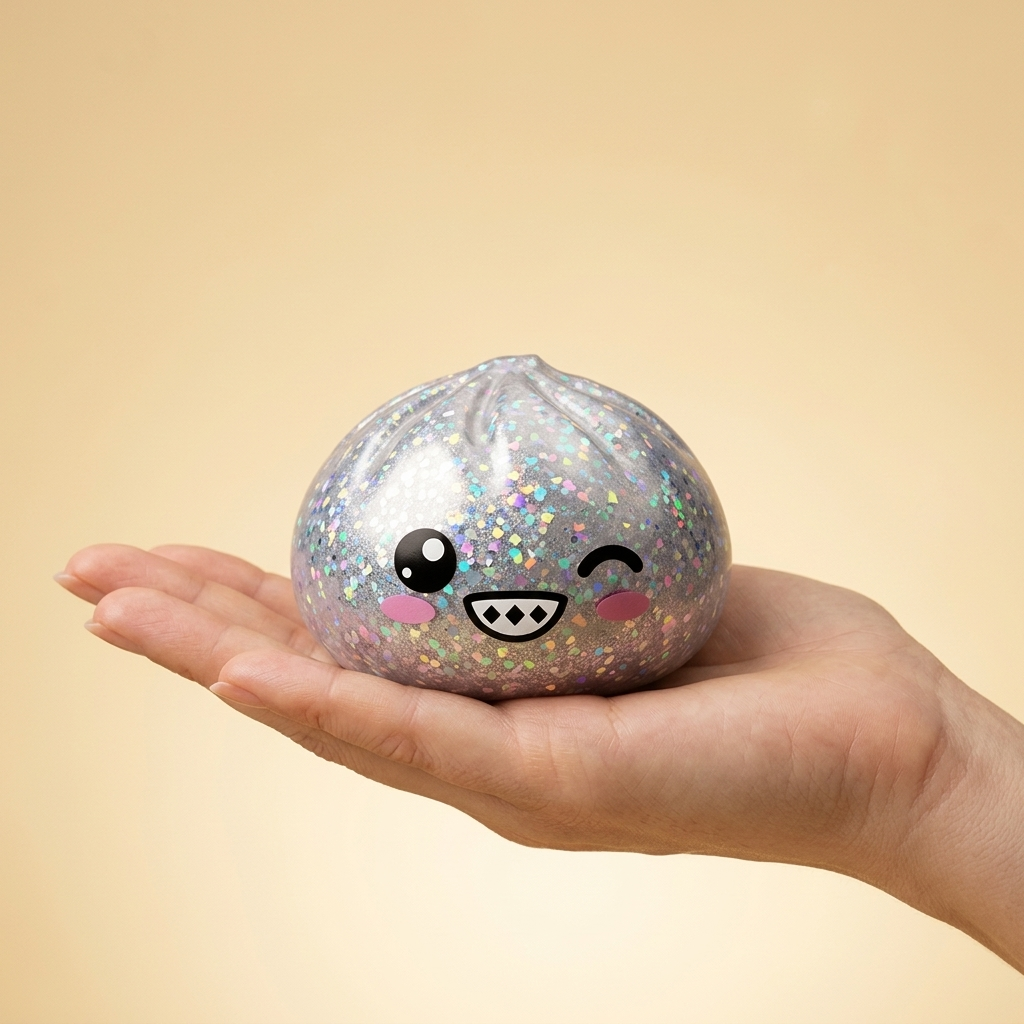 Rare Silver Glitter Dumpling Squishy held in hand, actual size