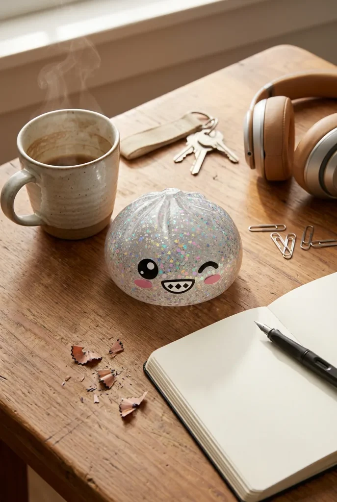 Rare Silver Glitter Dumpling Squishy on the desk