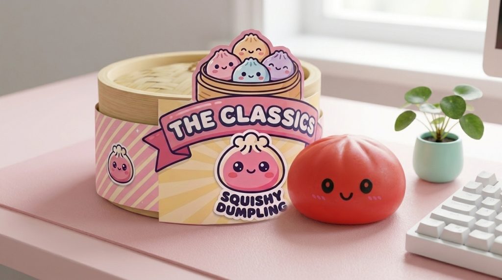 Cherry Red Dumpling Squishy in its kawaii setting