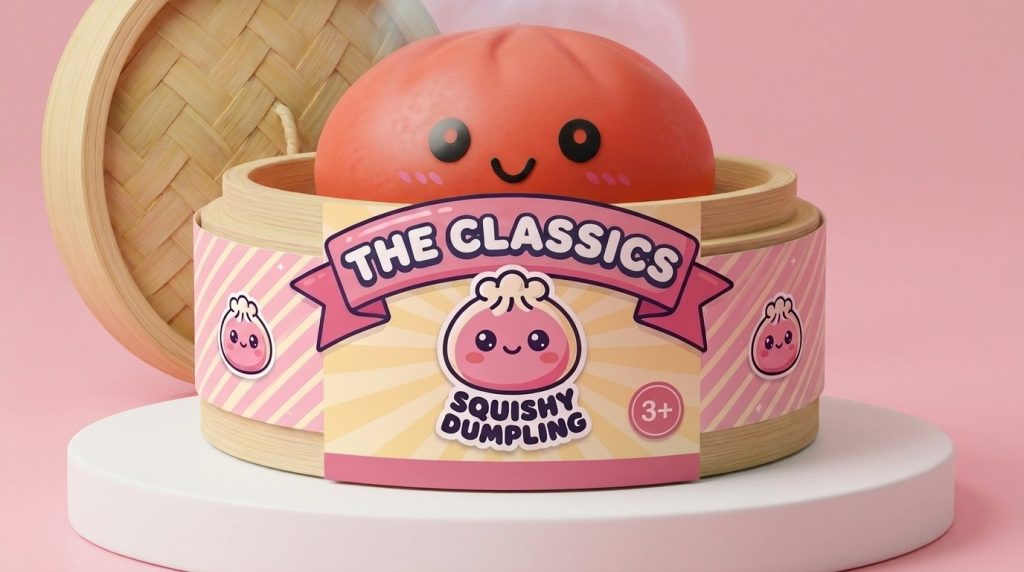Cherry Red Dumpling Squishy in its bamboo steamer box