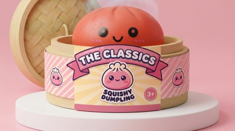 Cherry Red Dumpling Squishy in its bamboo steamer box
