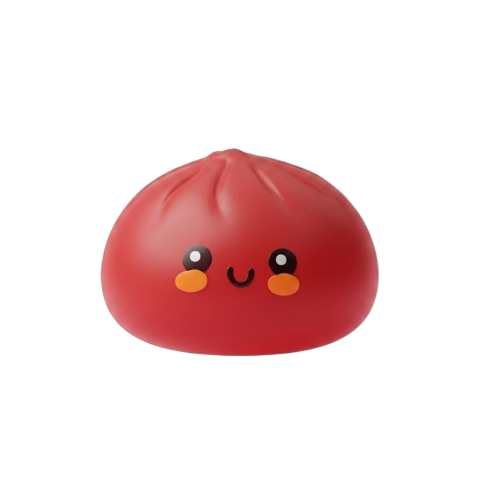 Fluffy Red Dumpling Squishy being squeezed, soft slow-rise foam