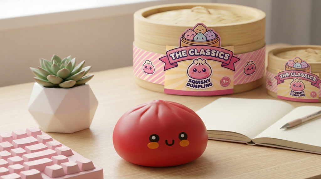 Fluffy Red Dumpling Squishy in its kawaii setting
