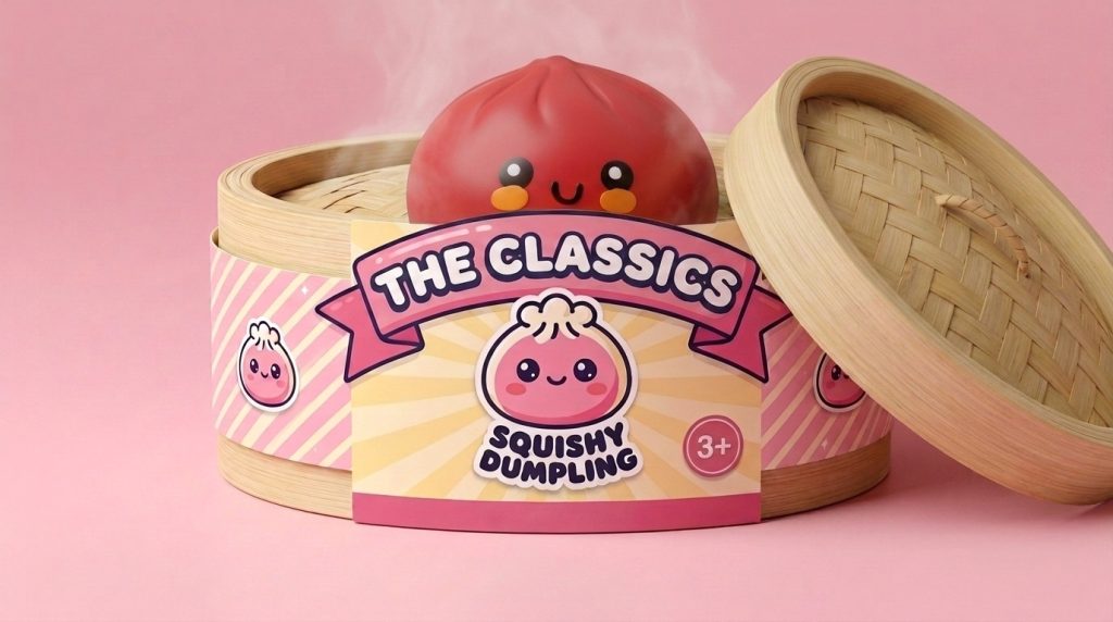 Fluffy Red Dumpling Squishy in its bamboo steamer box