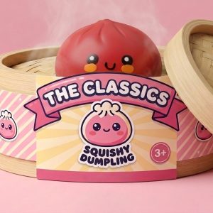 Fluffy Red Dumpling Squishy in its bamboo steamer box