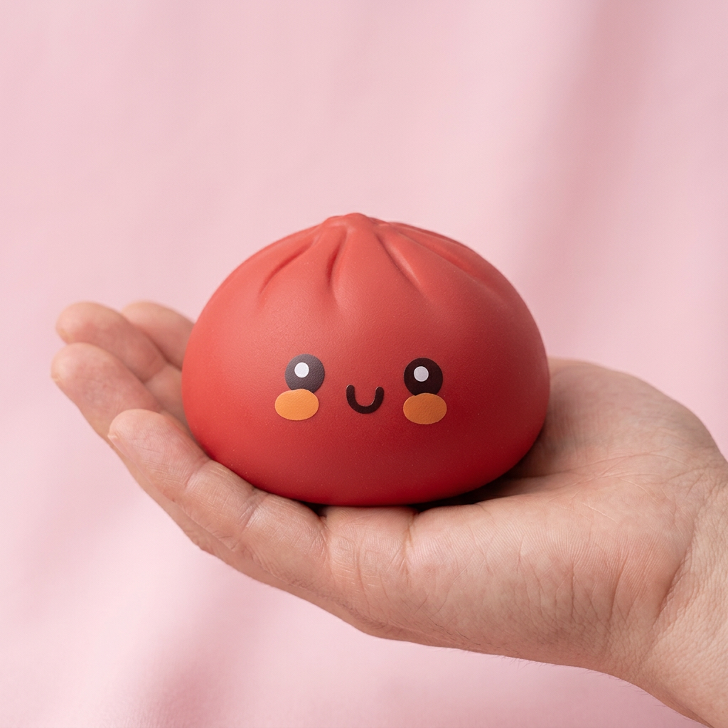 Fluffy Red Dumpling Squishy held in hand, actual size