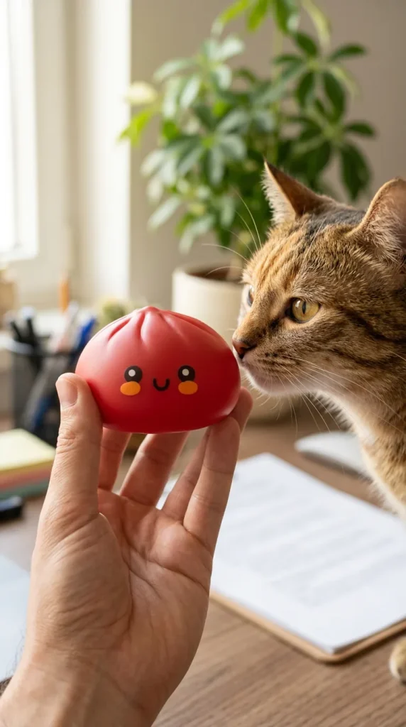Fluffy Red Dumpling Squishy with a plush friend