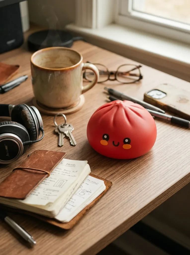 Fluffy Red Dumpling Squishy on the desk