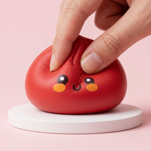 Fluffy Red Dumpling Squishy being squeezed, soft slow-rise foam