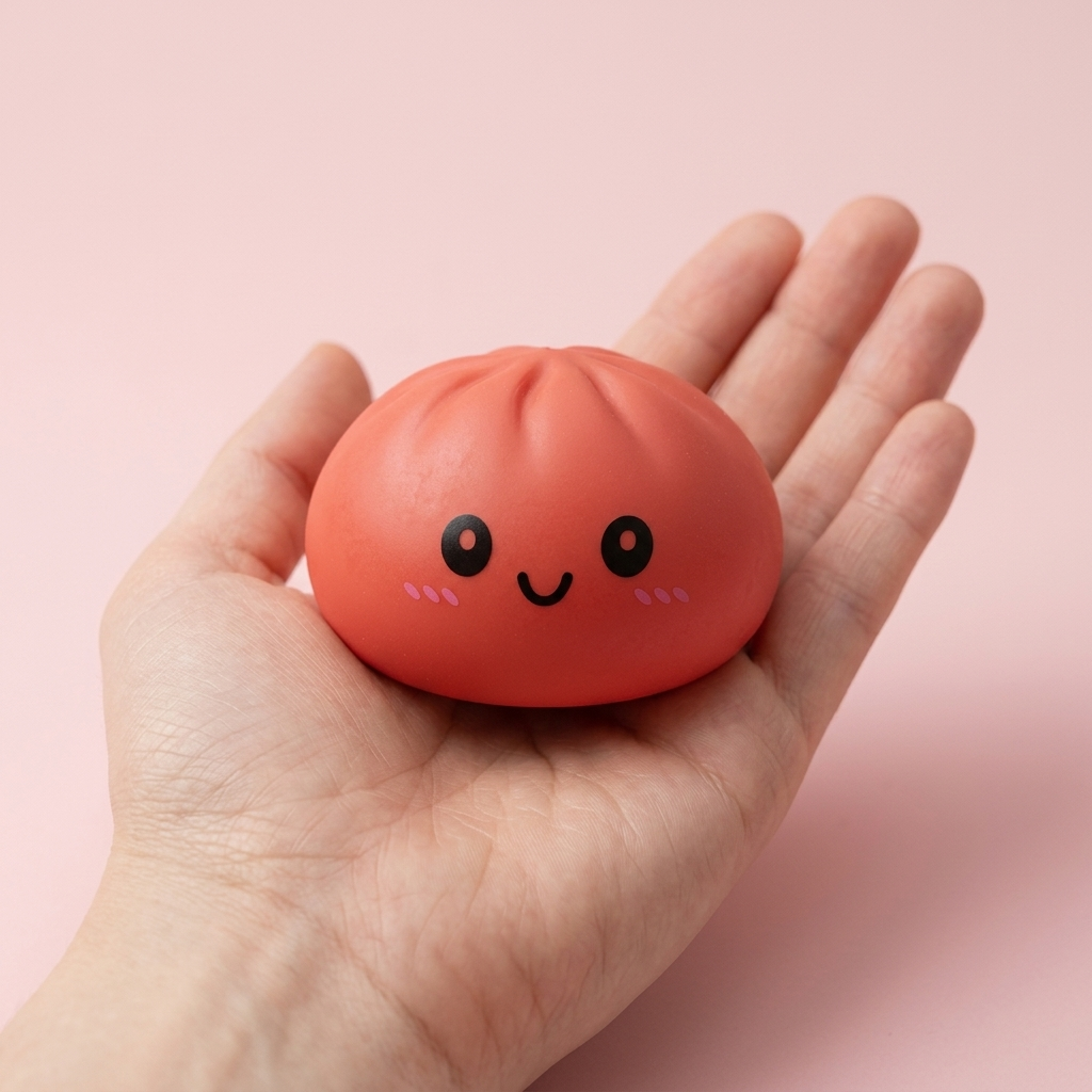 Cherry Red Dumpling Squishy held in hand, actual size