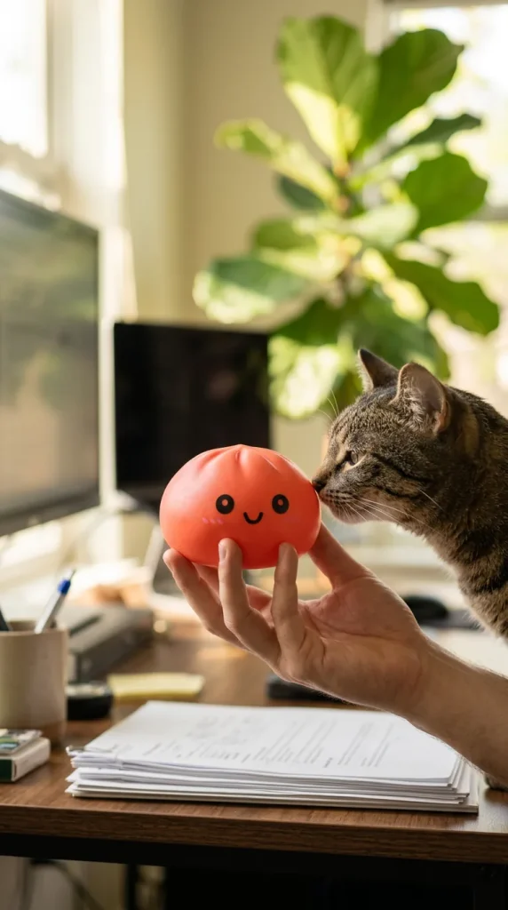 Cherry Red Dumpling Squishy with a plush friend
