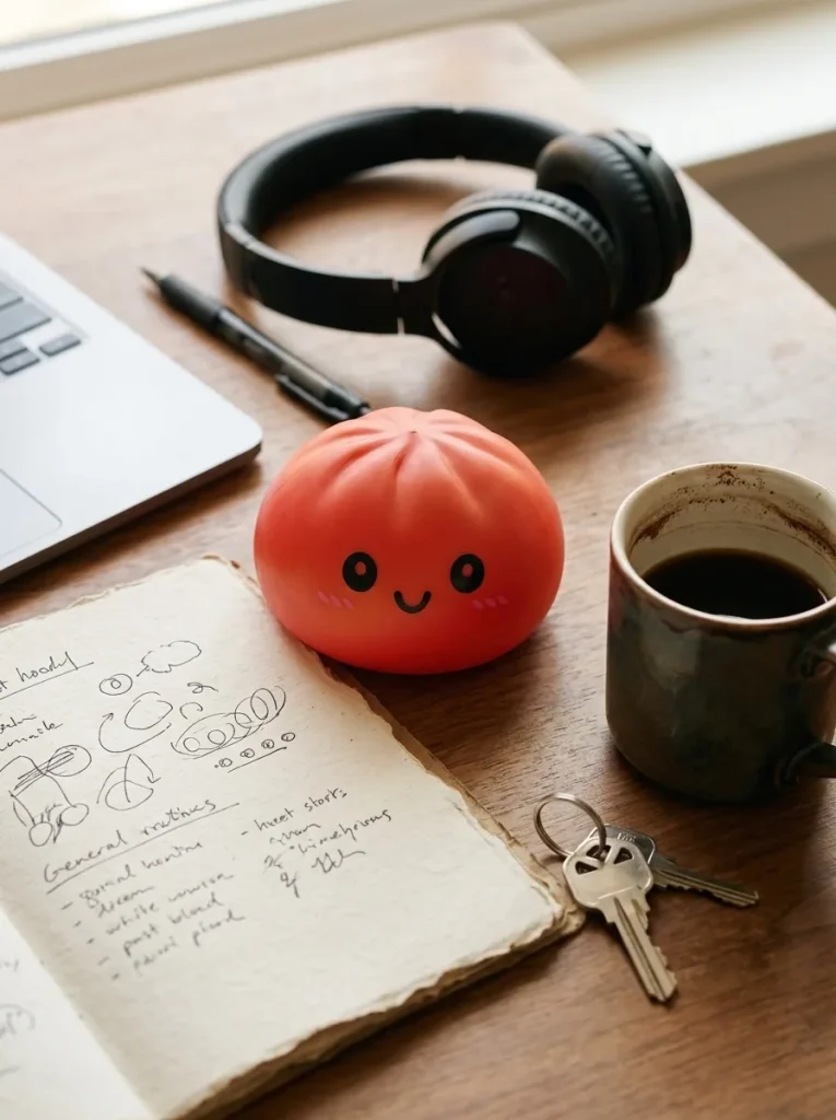Cherry Red Dumpling Squishy on the desk