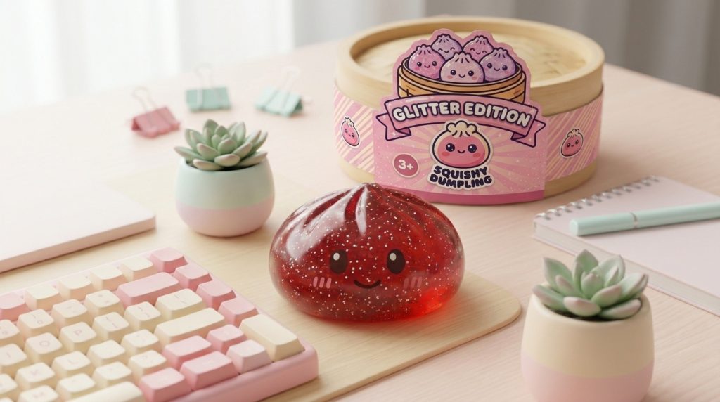 Lucky Red Glitter Dumpling Squishy in its kawaii setting