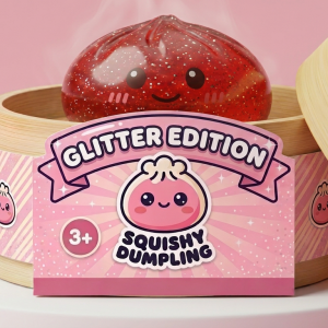 Lucky Red Glitter Dumpling Squishy in its bamboo steamer box