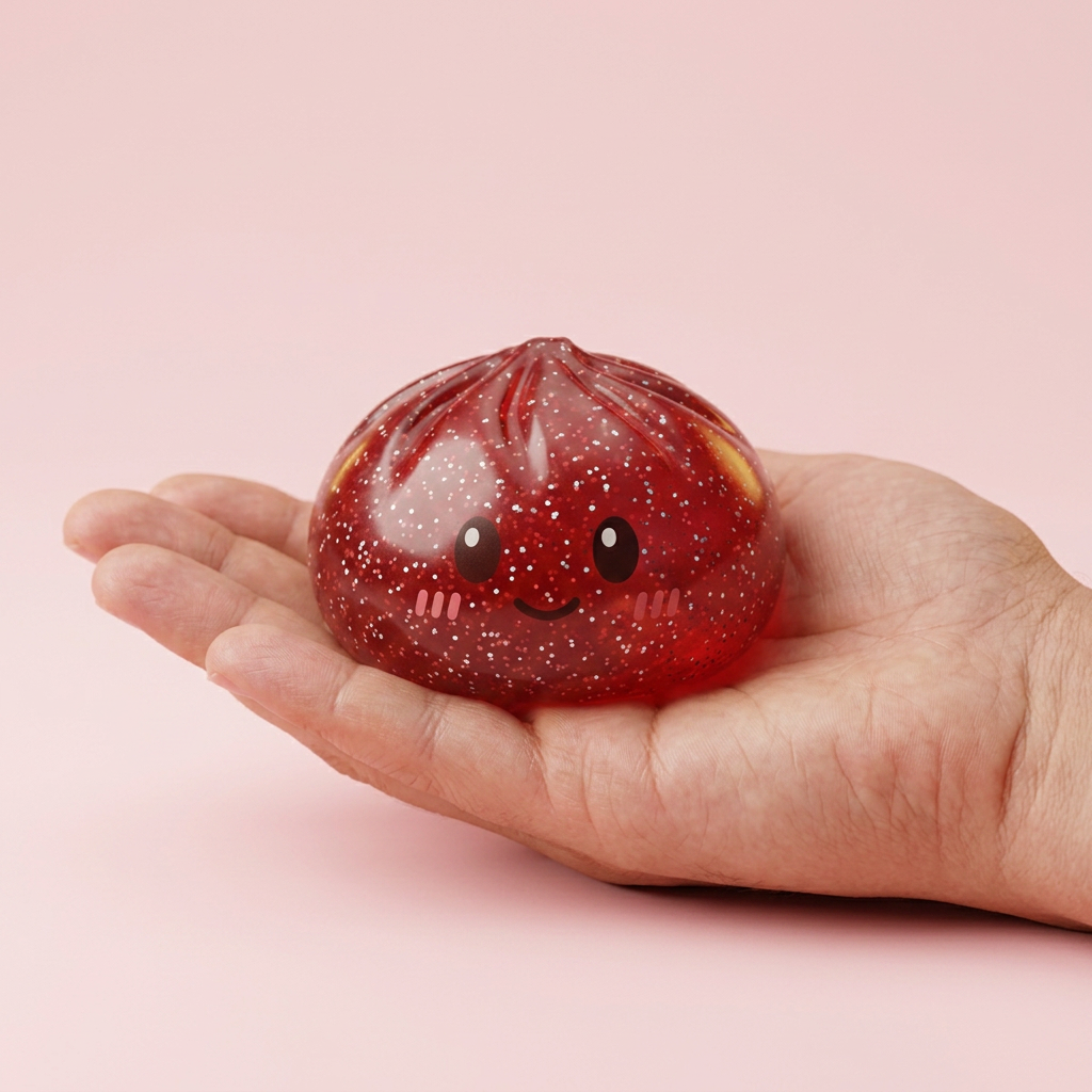 Lucky Red Glitter Dumpling Squishy held in hand, actual size