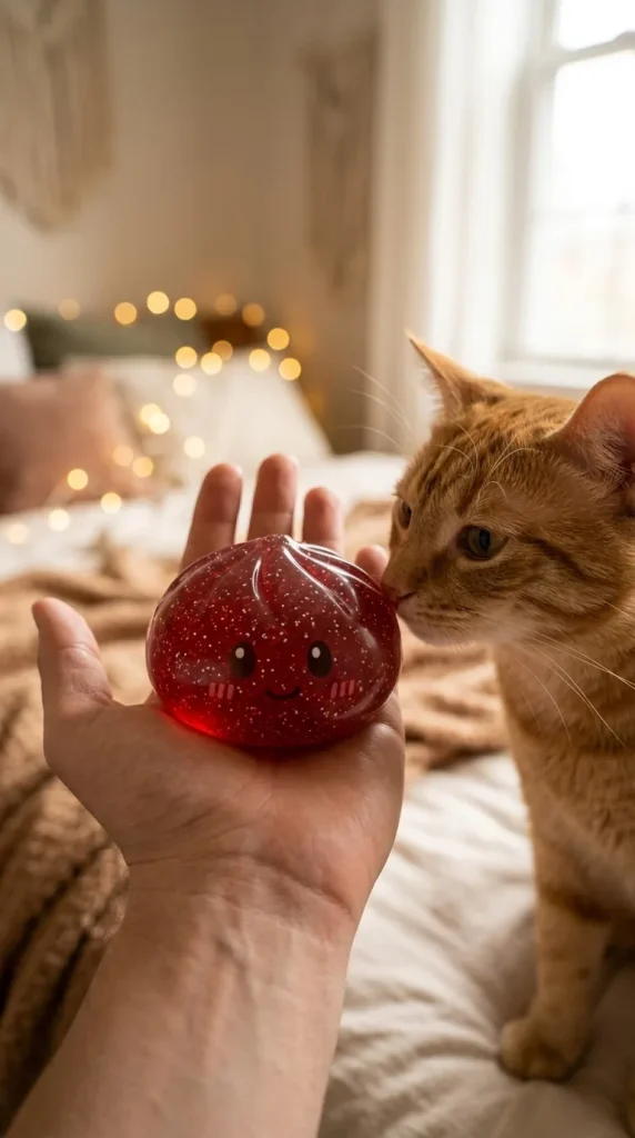 Lucky Red Glitter Dumpling Squishy with a plush friend