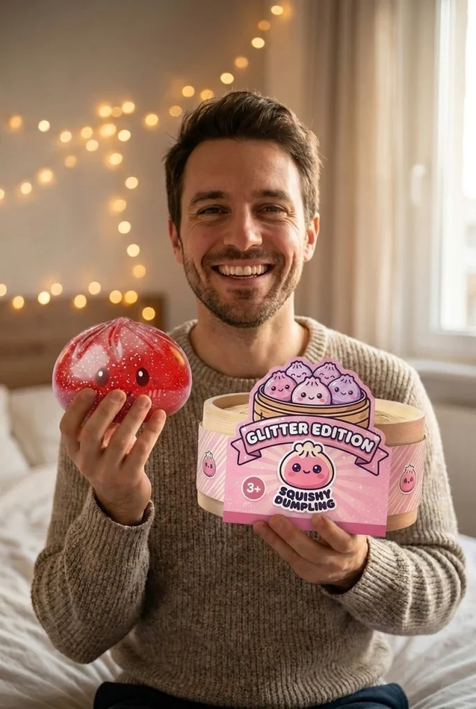 Lucky Red Glitter Dumpling Squishy with its box